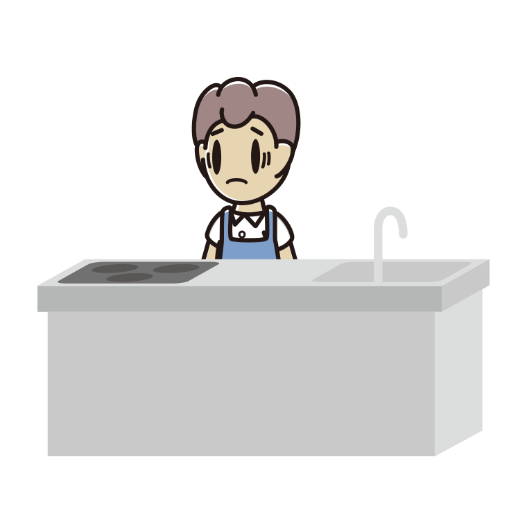 キッチンで困る男子中学生のイラスト【色あり、背景なし】透過PNG