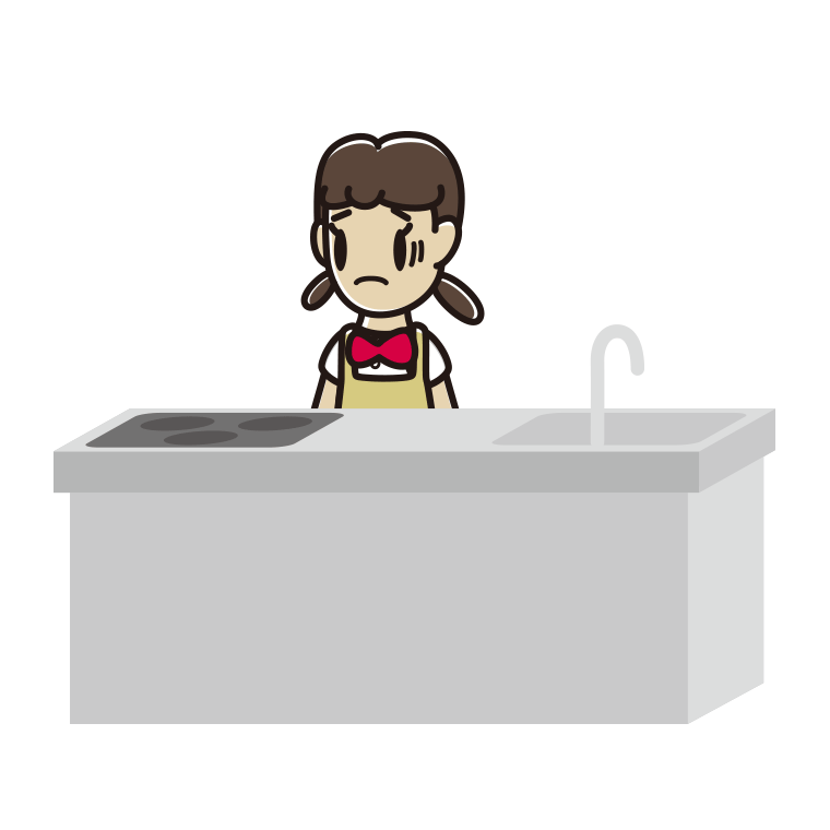 キッチンで困る女子中学生のイラスト【色あり、背景なし】透過PNG