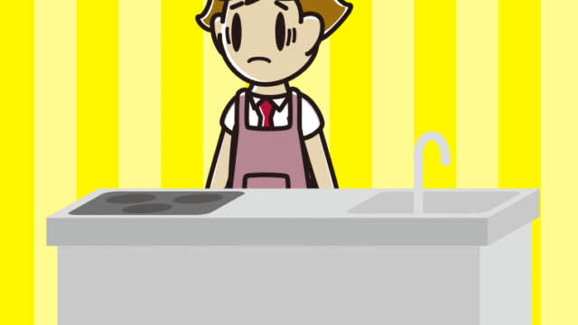 キッチンで困る男子高校生のイラスト【色、背景あり】PNG