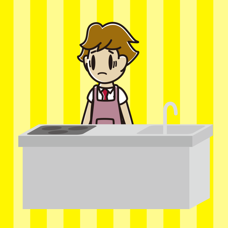 キッチンで困る男子高校生のイラスト【色、背景あり】PNG