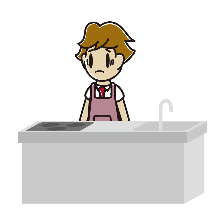 キッチンで困る男子高校生のイラスト【色あり、背景なし】透過PNG