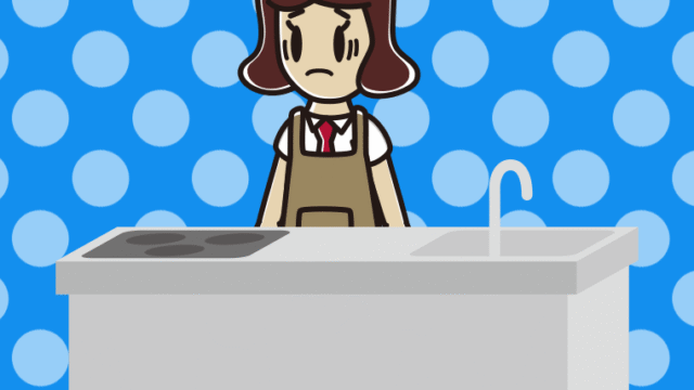 キッチンで困る女子高校生のイラスト【色、背景あり】PNG