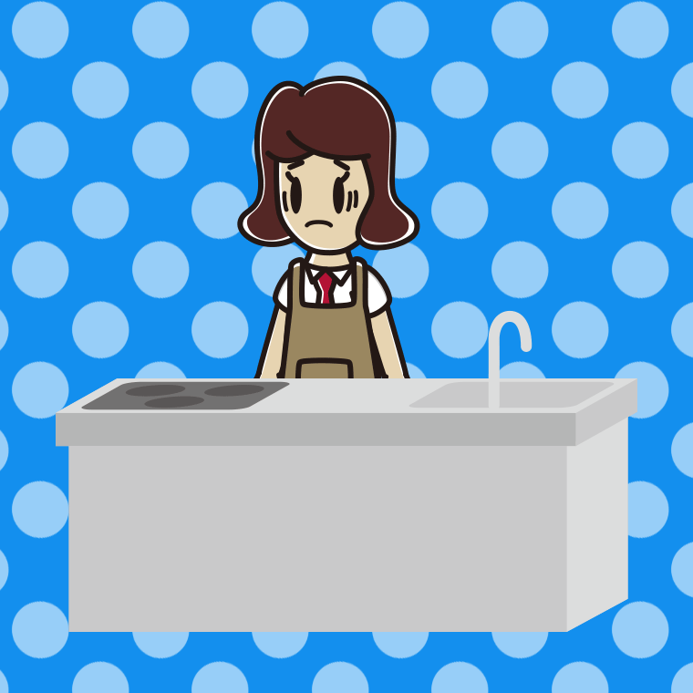 キッチンで困る女子高校生のイラスト【色、背景あり】PNG