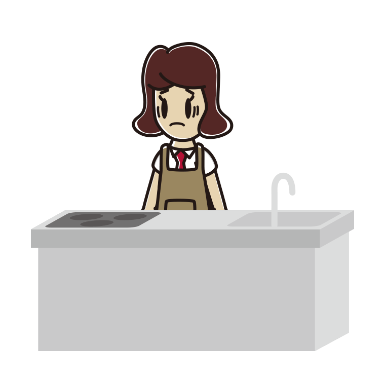 キッチンで困る女子高校生のイラスト【色あり、背景なし】透過PNG