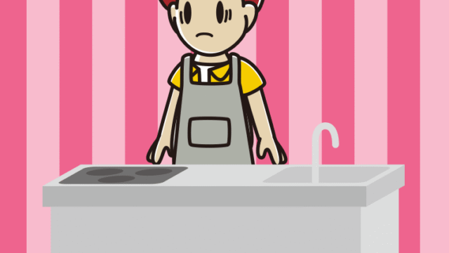 キッチンで困る男子大学生のイラスト【色、背景あり】PNG