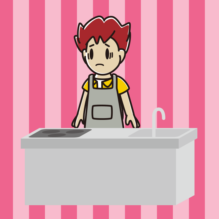 キッチンで困る男子大学生のイラスト【色、背景あり】PNG