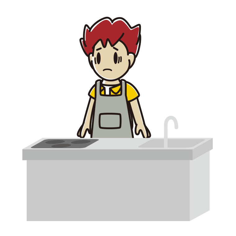 キッチンで困る男子大学生のイラスト【色あり、背景なし】透過PNG