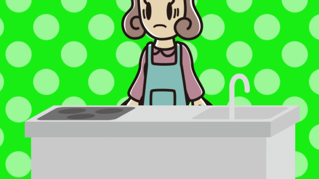 キッチンで困る女子大学生のイラスト【色、背景あり】PNG