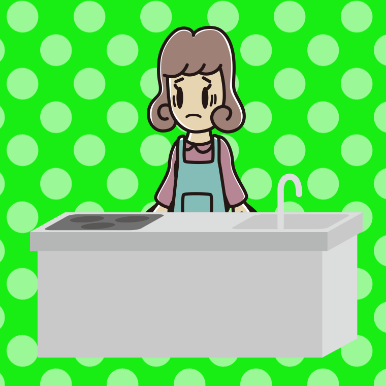 キッチンで困る女子大学生のイラスト【色、背景あり】PNG