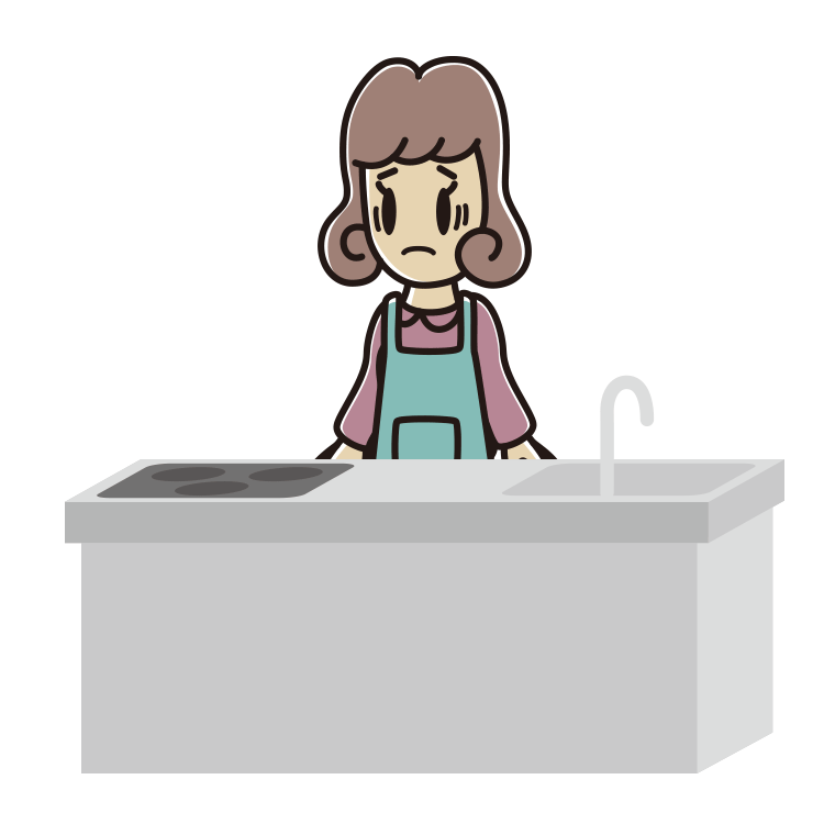 キッチンで困る女子大学生のイラスト【色あり、背景なし】透過PNG