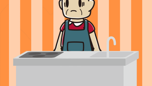 キッチンで困るおじさんのイラスト【色、背景あり】PNG