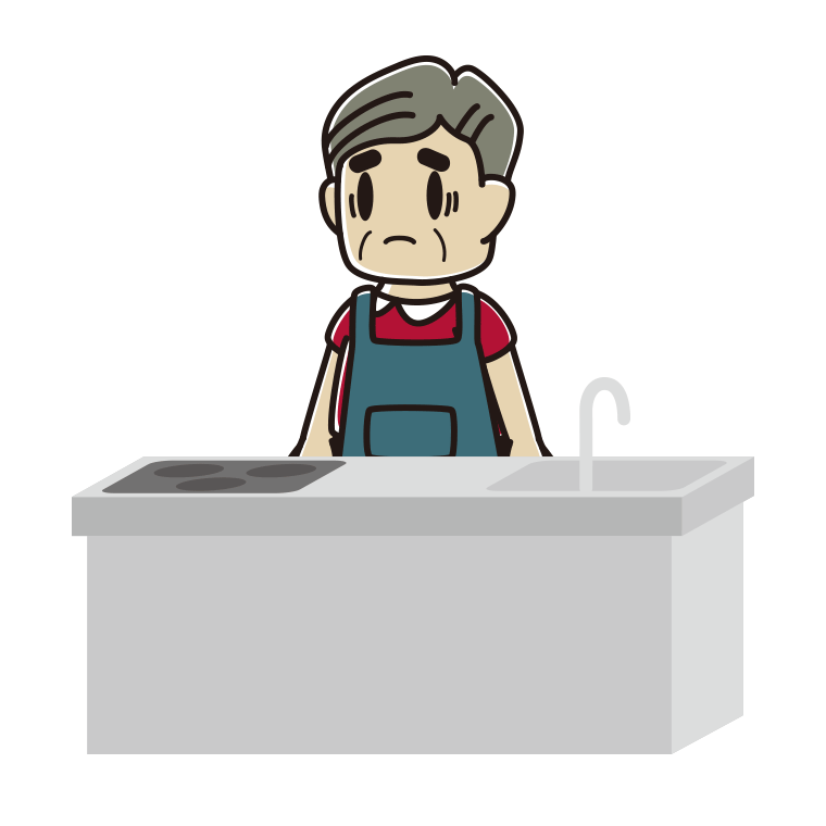 キッチンで困るおじさんのイラスト【色あり、背景なし】透過PNG