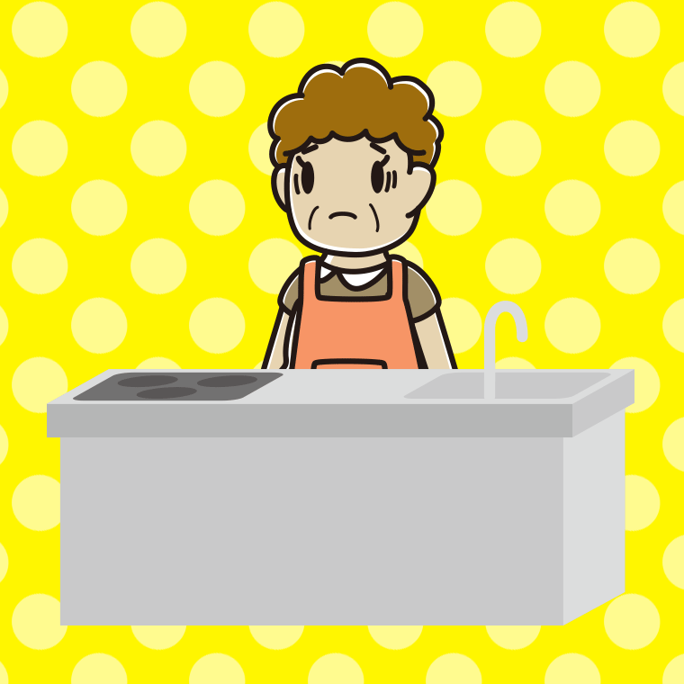 キッチンで困るおばさんのイラスト【色、背景あり】PNG
