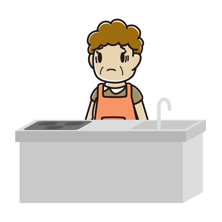 キッチンで困るおばさんのイラスト【色あり、背景なし】透過PNG