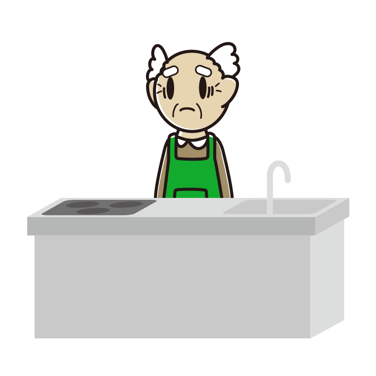 キッチンで困るおじいさんのイラスト【色あり、背景なし】透過PNG