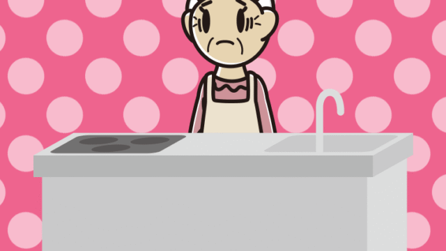 キッチンで困るおばあさんのイラスト【色、背景あり】PNG