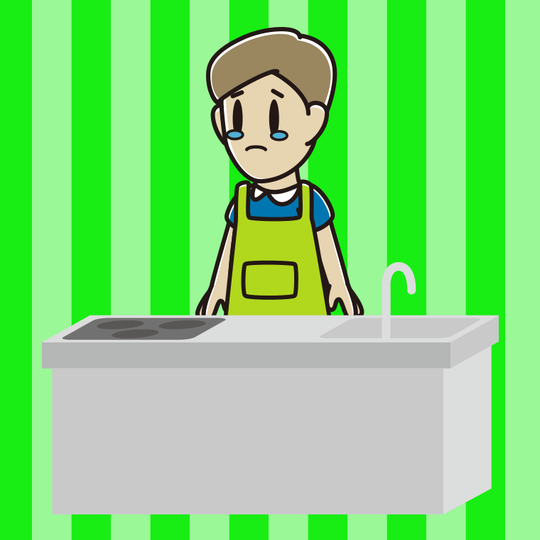 キッチンで泣く男性のイラスト【色、背景あり】PNG