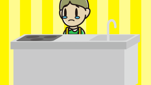 キッチンで泣く小学生男子のイラスト【色、背景あり】PNG