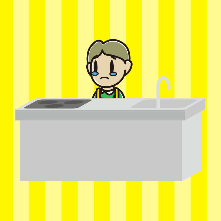 キッチンで泣く小学生男子のイラスト【色、背景あり】PNG