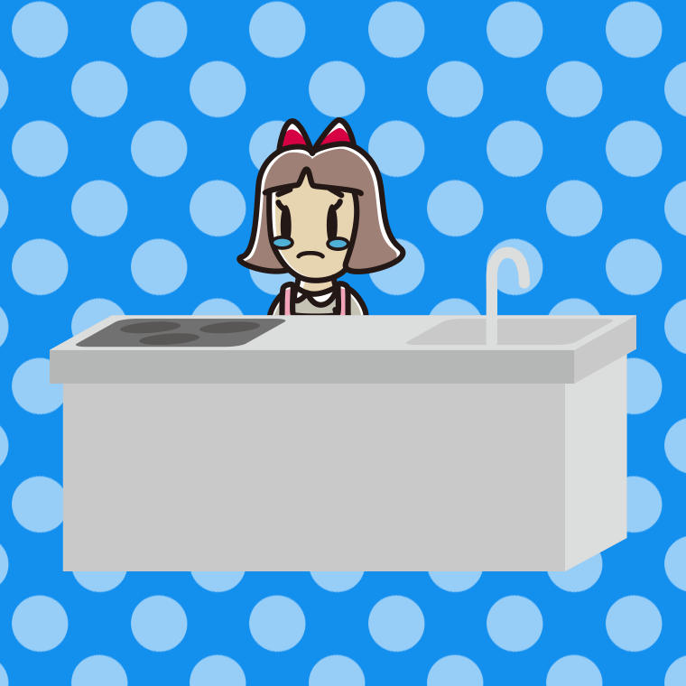 キッチンで泣く小学生女子のイラスト【色、背景あり】PNG