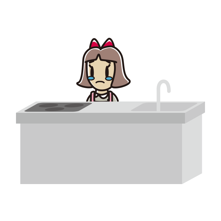 キッチンで泣く小学生女子のイラスト【色あり、背景なし】透過PNG