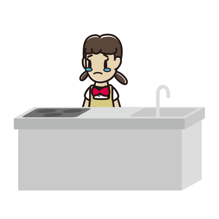 キッチンで泣く女子中学生のイラスト【色あり、背景なし】透過PNG