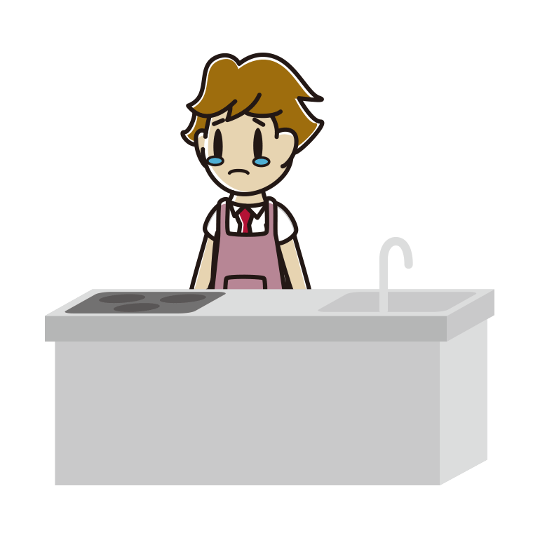 キッチンで泣く男子高校生のイラスト【色あり、背景なし】透過PNG