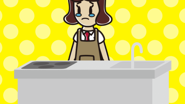 キッチンで泣く女子高校生のイラスト【色、背景あり】PNG