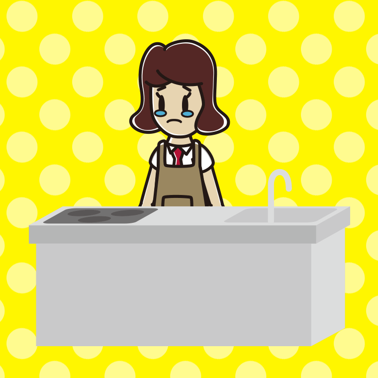 キッチンで泣く女子高校生のイラスト【色、背景あり】PNG