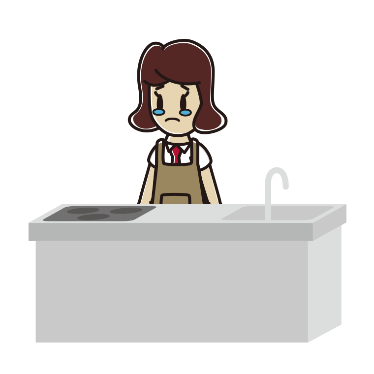 キッチンで泣く女子高校生のイラスト【色あり、背景なし】透過PNG