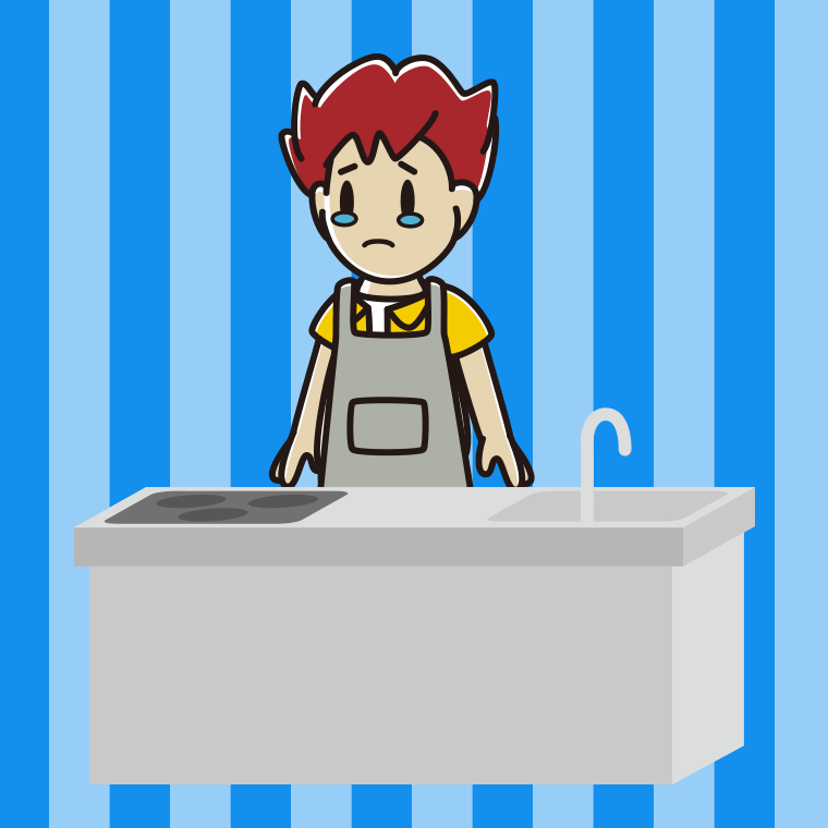 キッチンで泣く男子大学生のイラスト【色、背景あり】PNG