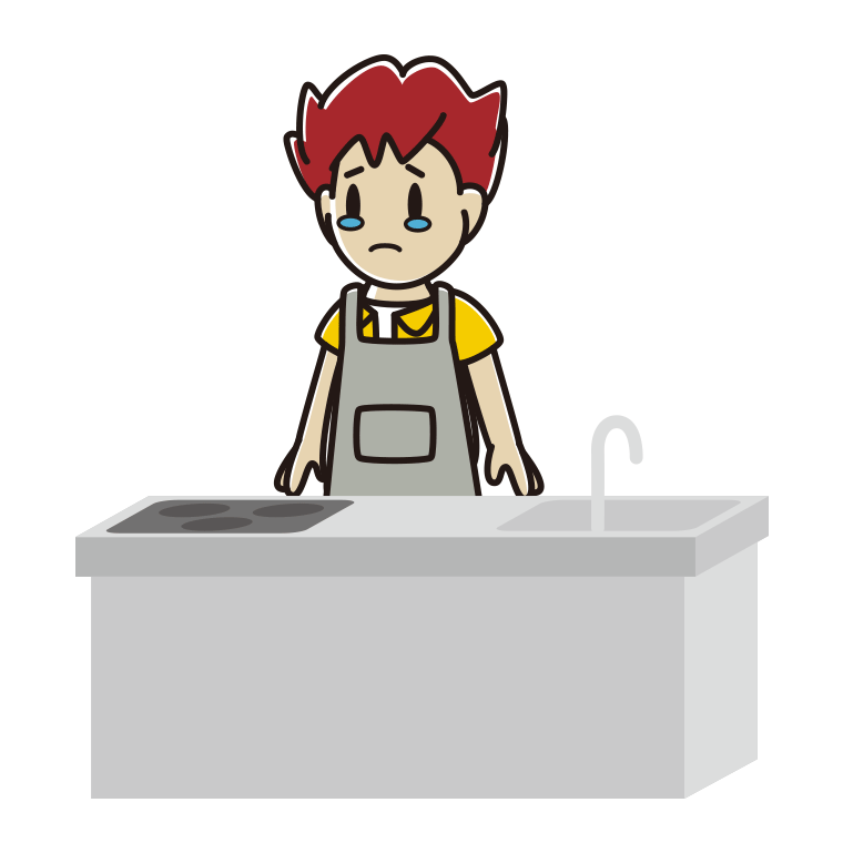 キッチンで泣く男子大学生のイラスト【色あり、背景なし】透過PNG