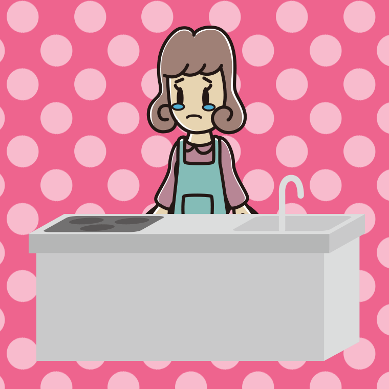 キッチンで泣く女子大学生のイラスト【色、背景あり】PNG