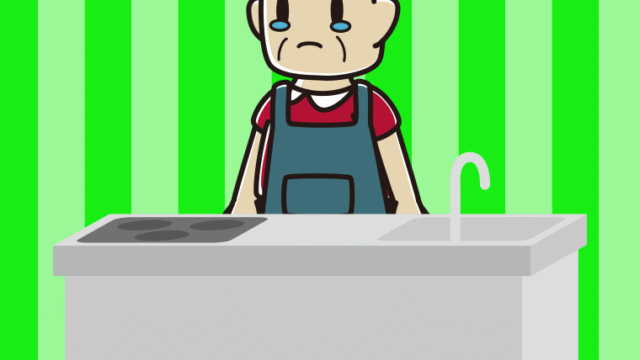 キッチンで泣くおじさんのイラスト【色、背景あり】PNG