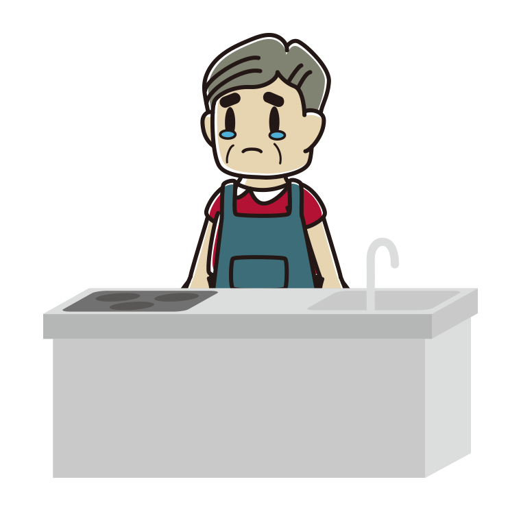 キッチンで泣くおじさんのイラスト【色あり、背景なし】透過PNG