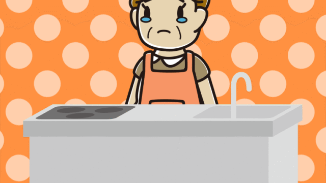 キッチンで泣くおばさんのイラスト【色、背景あり】PNG