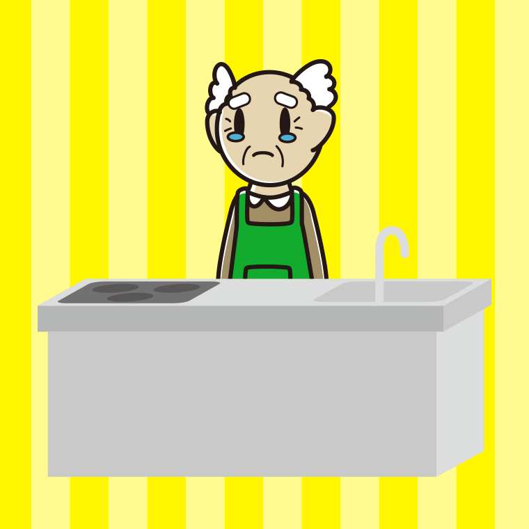 キッチンで泣くおじいさんのイラスト【色あり、背景なし】透過PNG