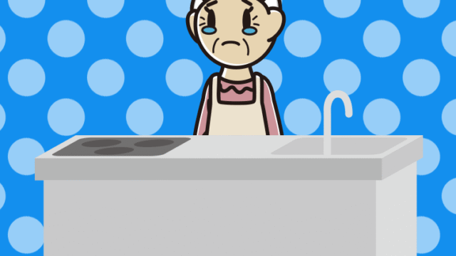 キッチンで泣くおばあさんのイラスト【色、背景あり】PNG