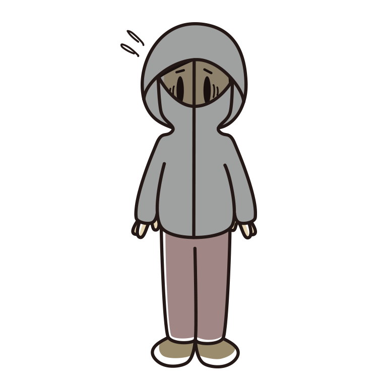 不審者パーカーで困る男性のイラスト【色あり、背景なし】透過PNG
