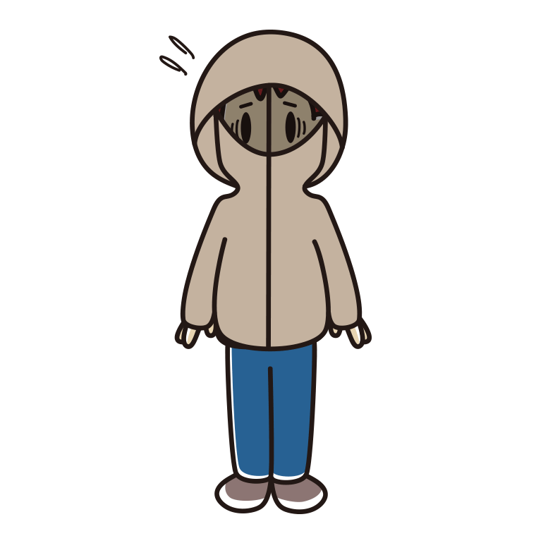 不審者パーカーで困る男子大学生のイラスト【色あり、背景なし】透過PNG