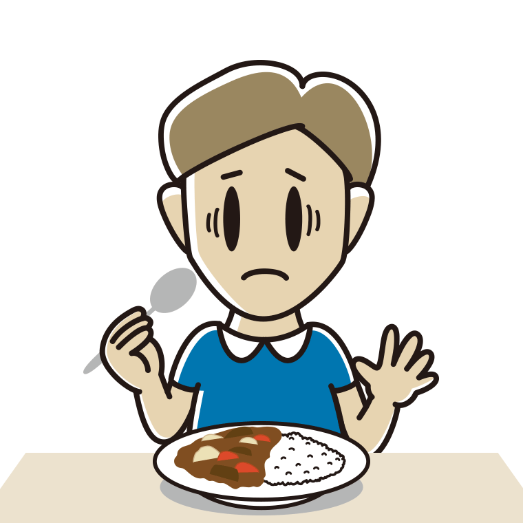カレーライスで困る男性のイラスト【色あり、背景なし】透過PNG
