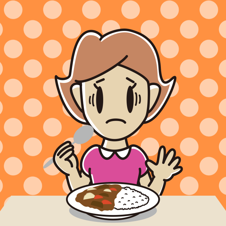 カレーライスで困る女性のイラスト【色、背景あり】PNG