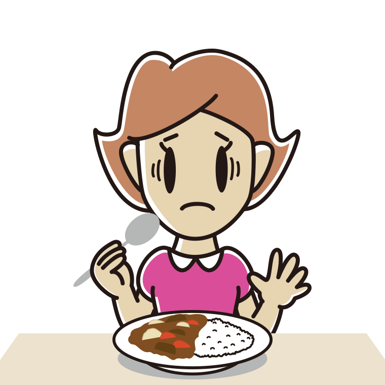 カレーライスで困る女性のイラスト【色あり、背景なし】透過PNG