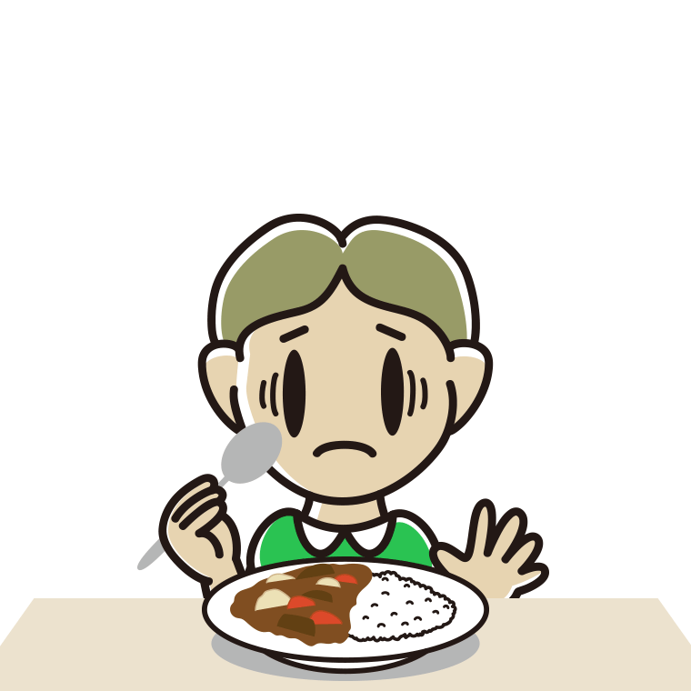 カレーライスで困る小学生男子のイラスト【色あり、背景なし】透過PNG