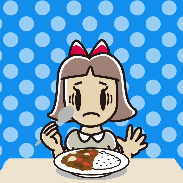 カレーライスで困る小学生女子のイラスト【色、背景あり】PNG