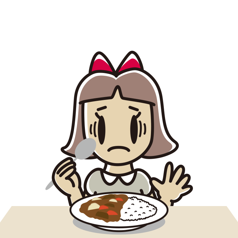 カレーライスで困る小学生女子のイラスト【色あり、背景なし】透過PNG