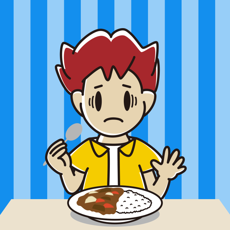 カレーライスで困る男子大学生のイラスト【色、背景あり】PNG
