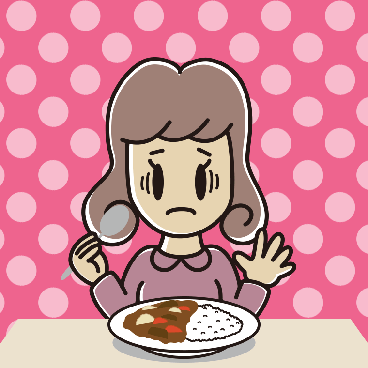 カレーライスで困る女子大学生のイラスト【色、背景あり】PNG