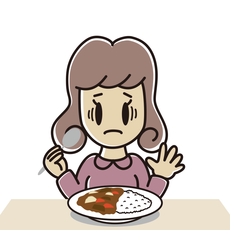 カレーライスで困る女子大学生のイラスト【色あり、背景なし】透過PNG