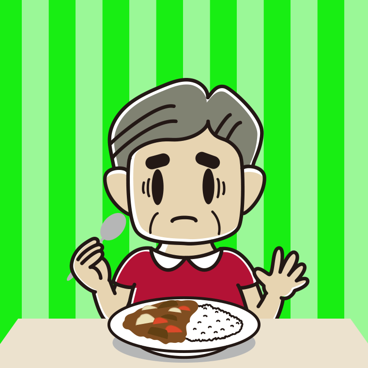 カレーライスで困るおじさんのイラスト【色、背景あり】PNG